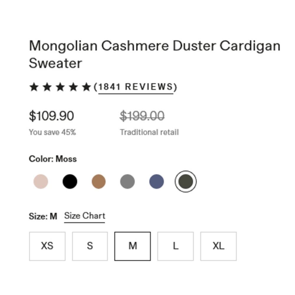 Quince Mongolian Cashmere Duster Cardigan Moss Size M NWT - Picture 8 of 8